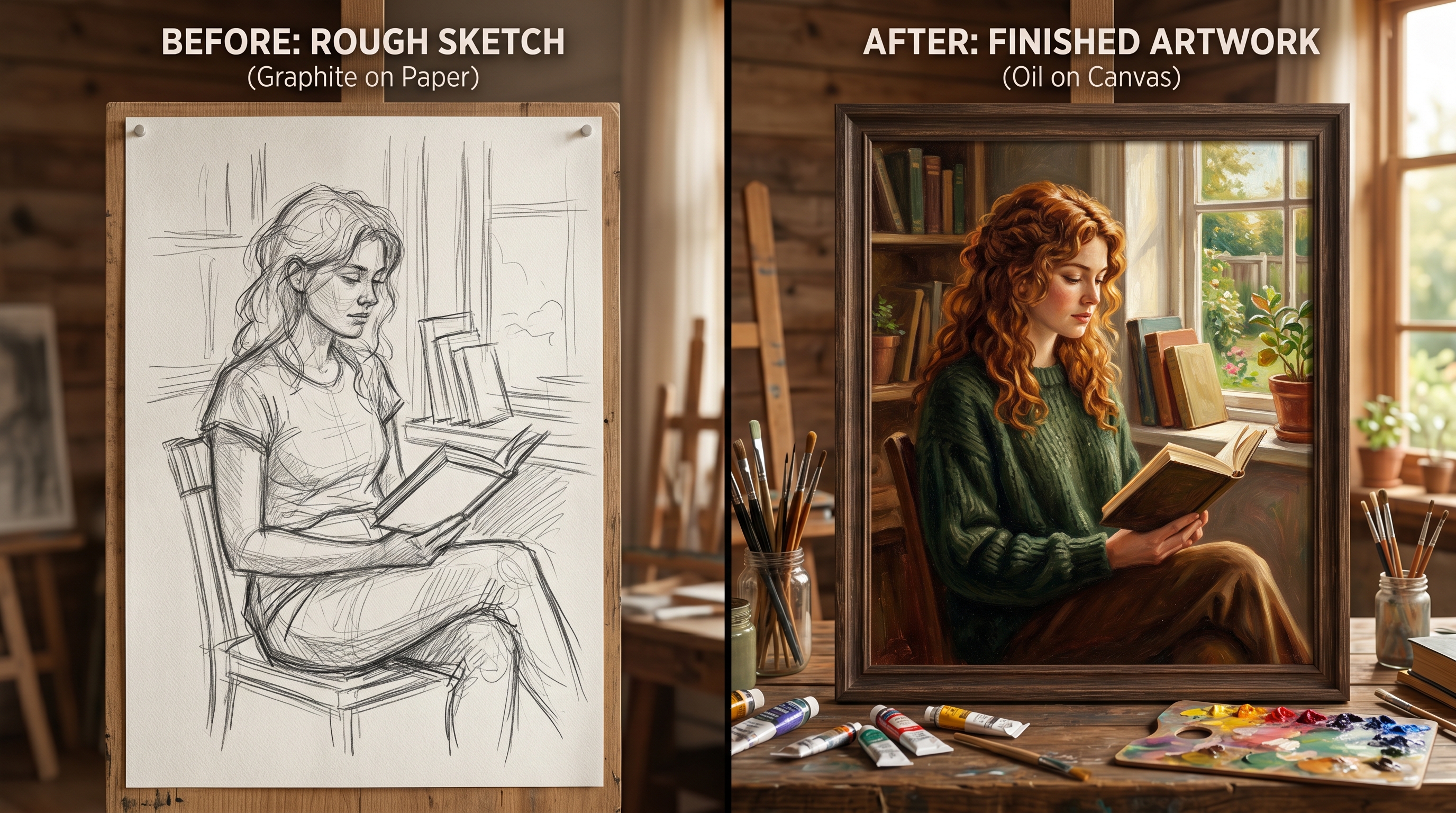 A rough graphite sketch next to the finished oil painting it became