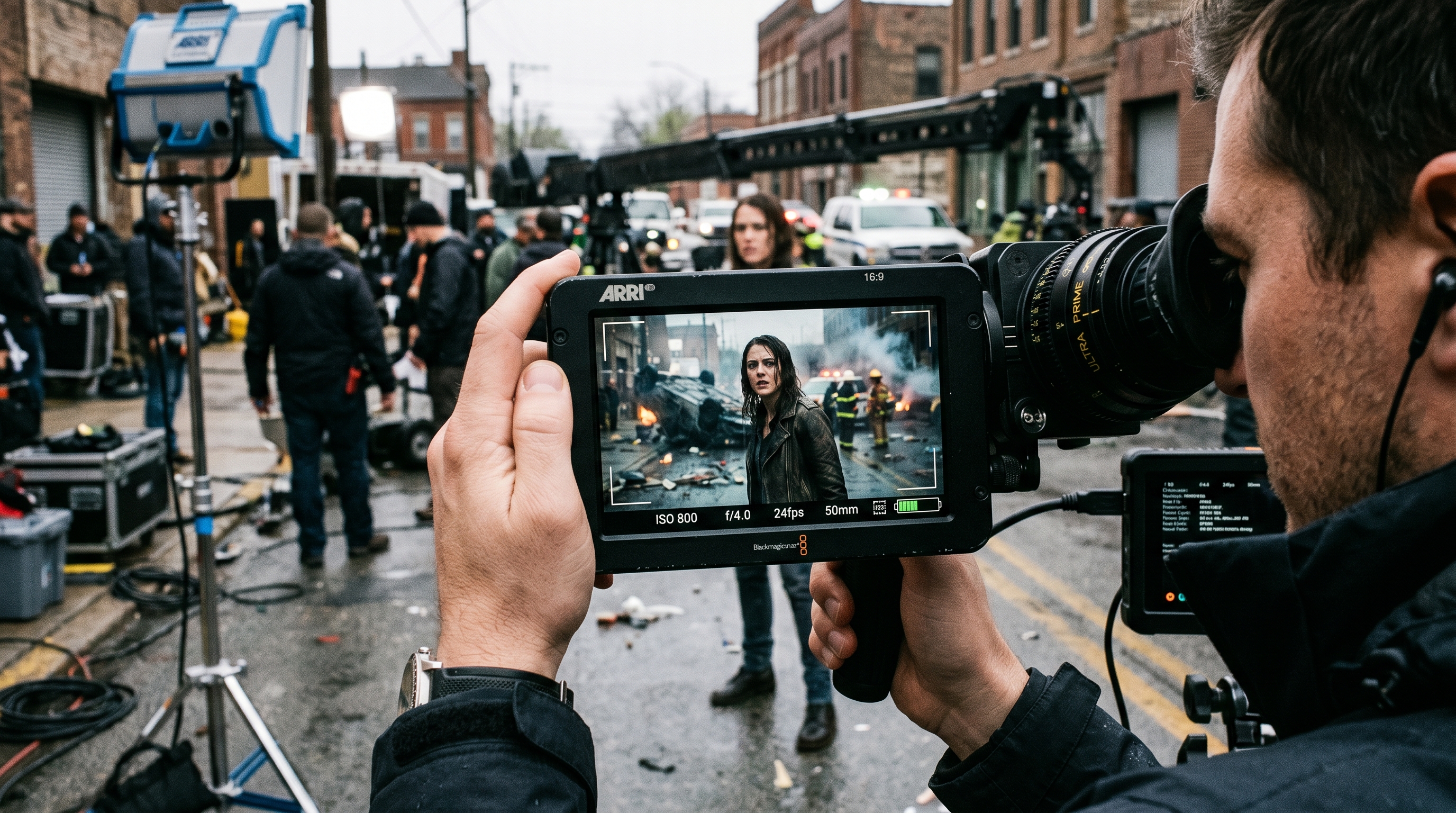A filmmaker framing a shot through a camera viewfinder on set