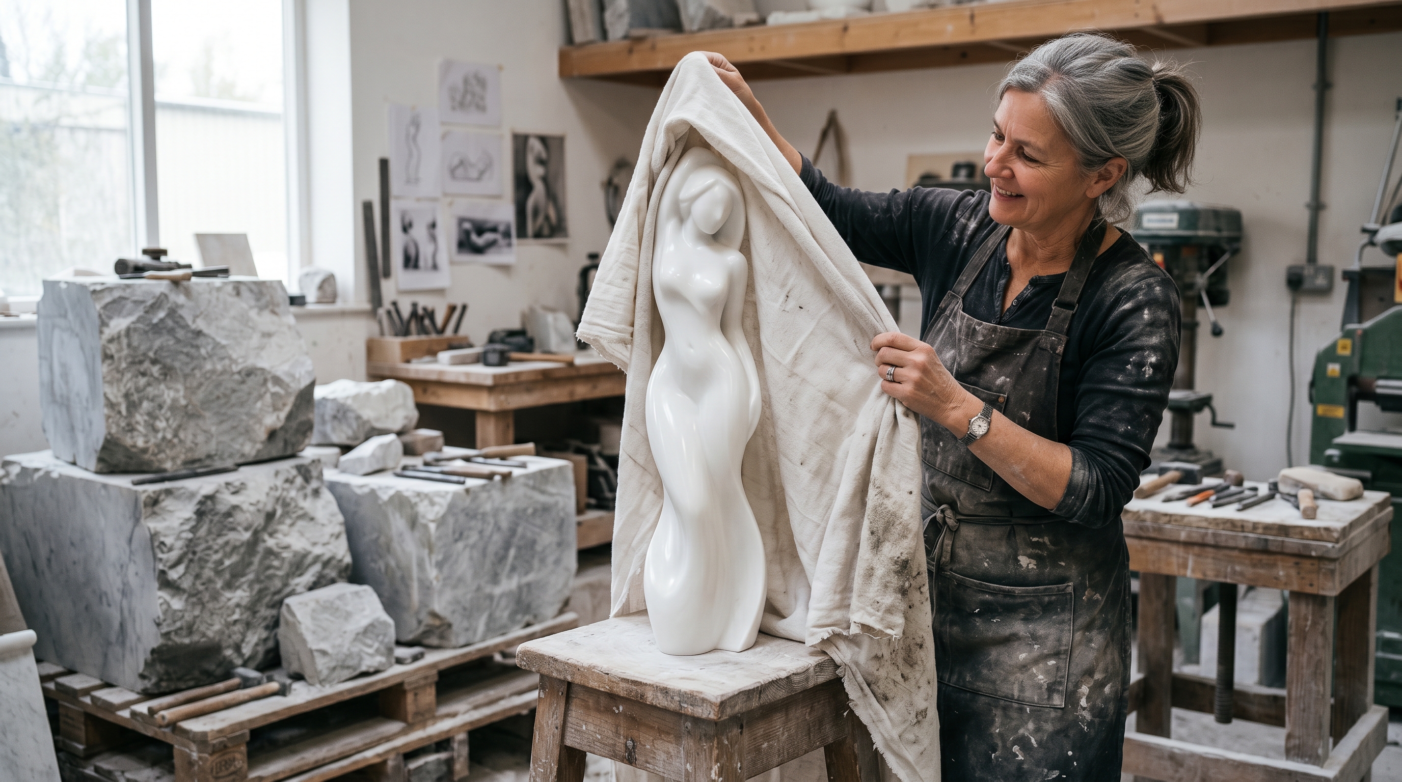 A sculptor unveiling a finished polished sculpture