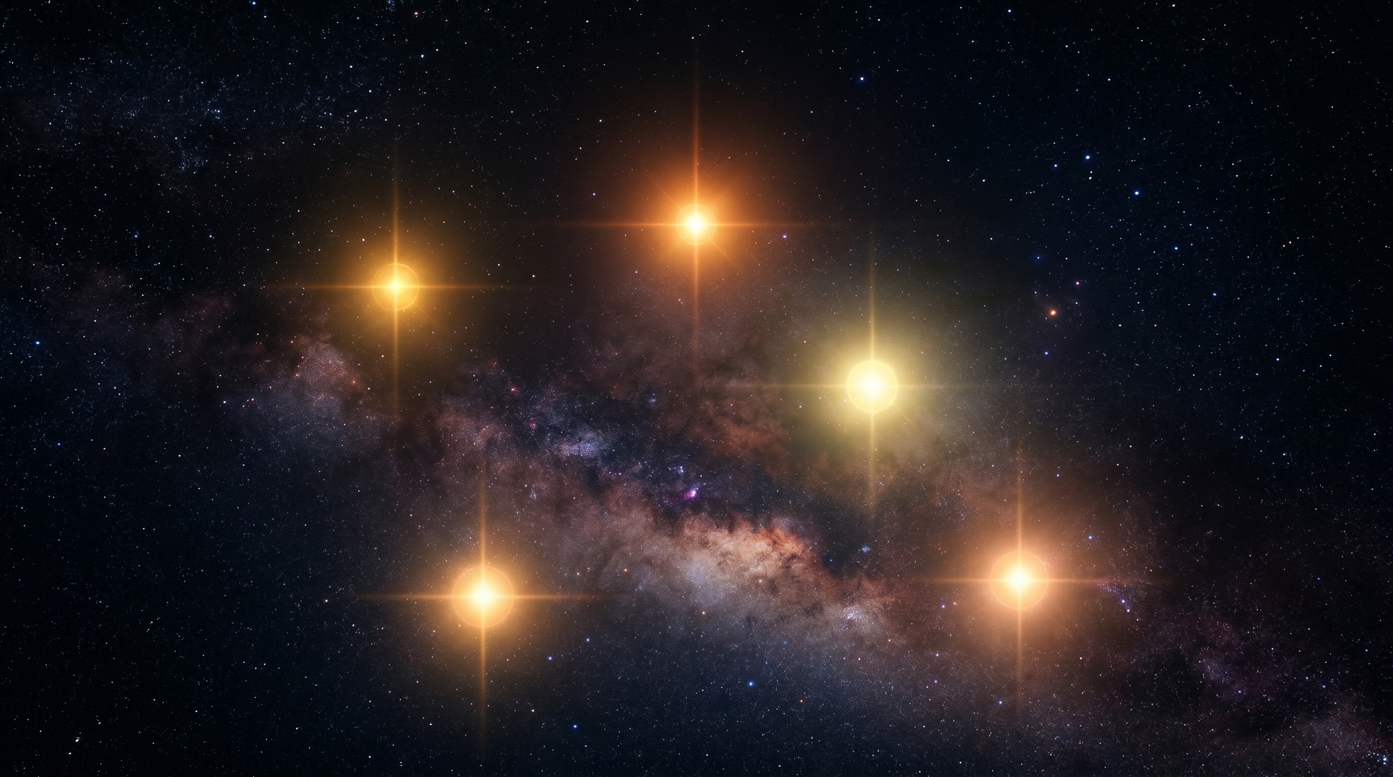Five glowing stars over a dark starfield